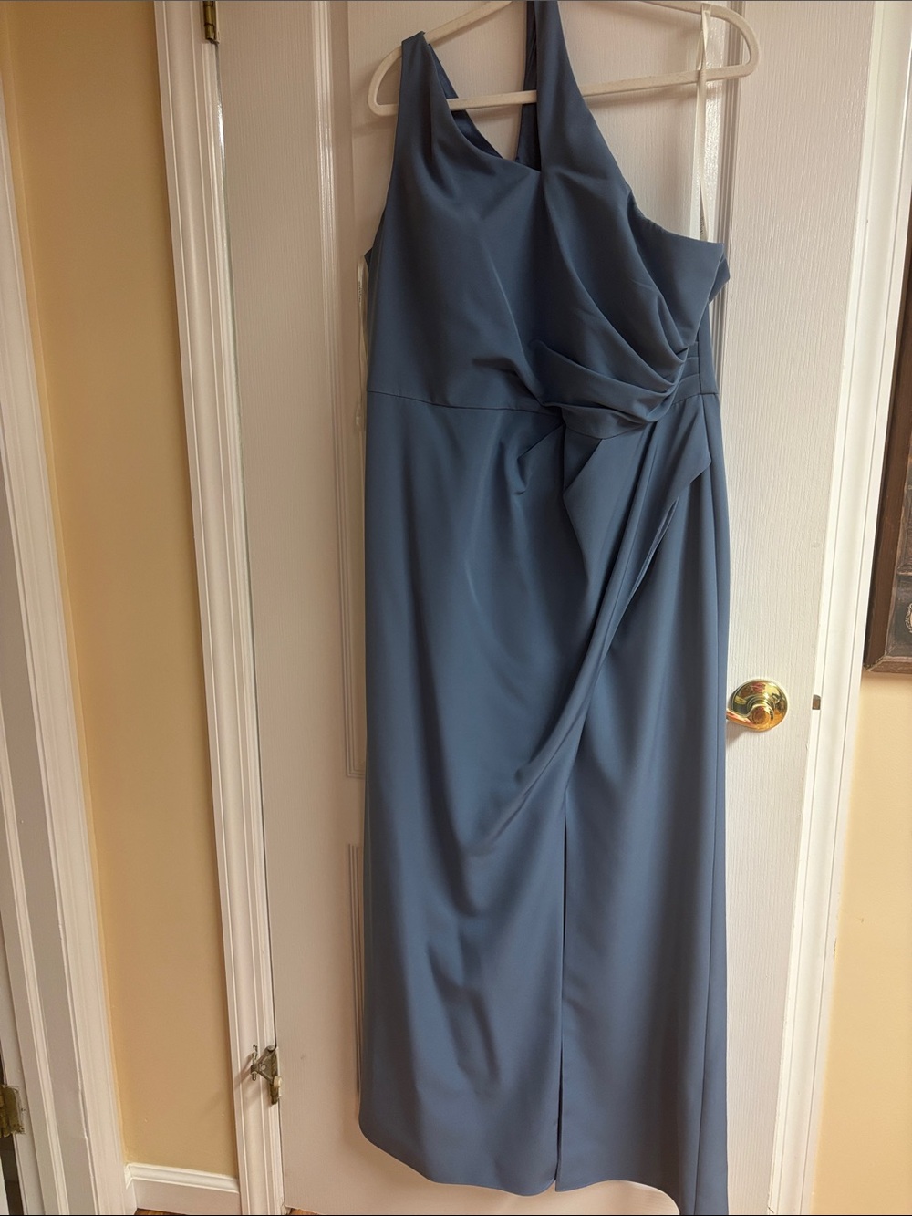 Elegant One-Shoulder Slate Blue Draped Gown
